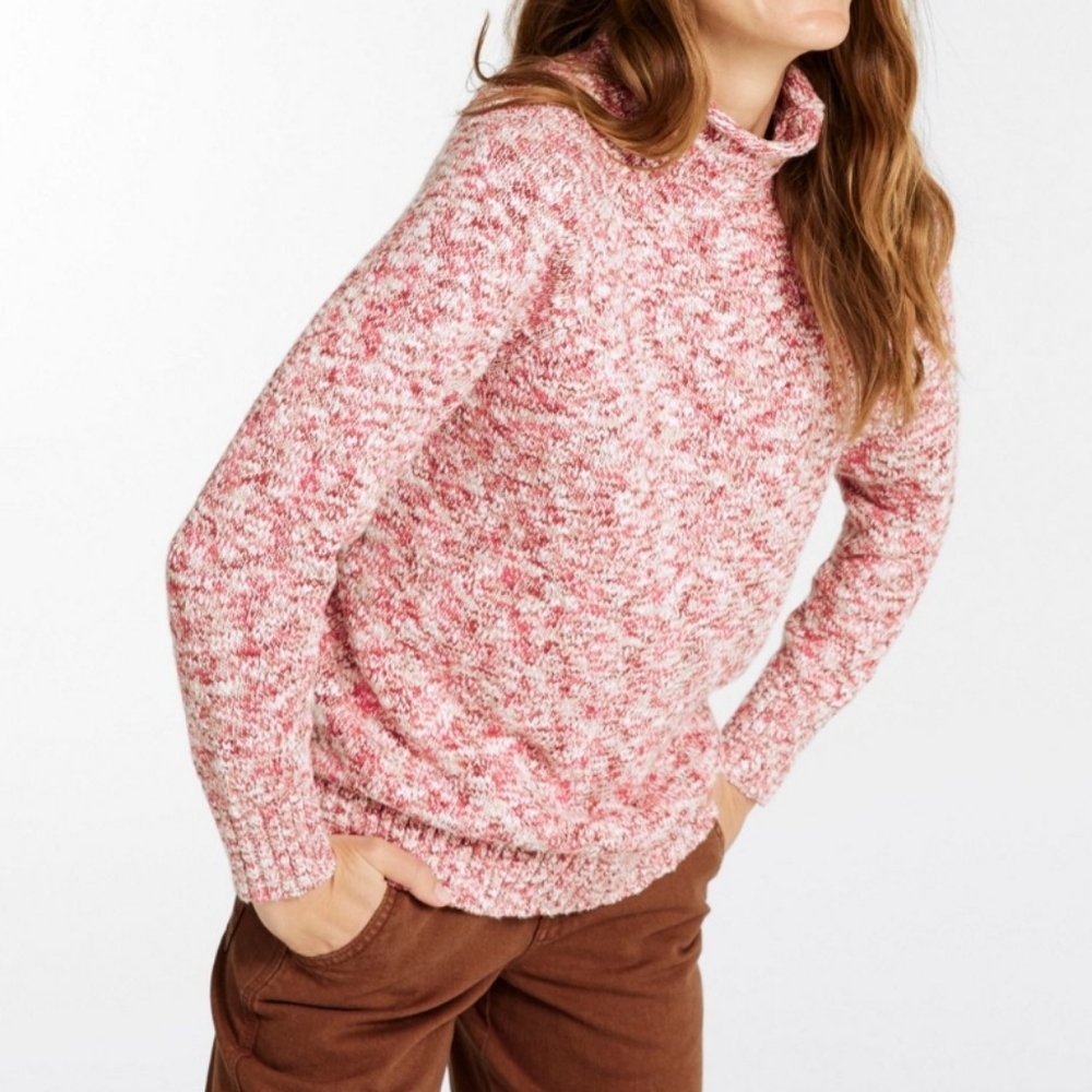 L.L. Bean Womens Coral/White Cotton Ragg Funnelneck Pullover Space Dye Sweater